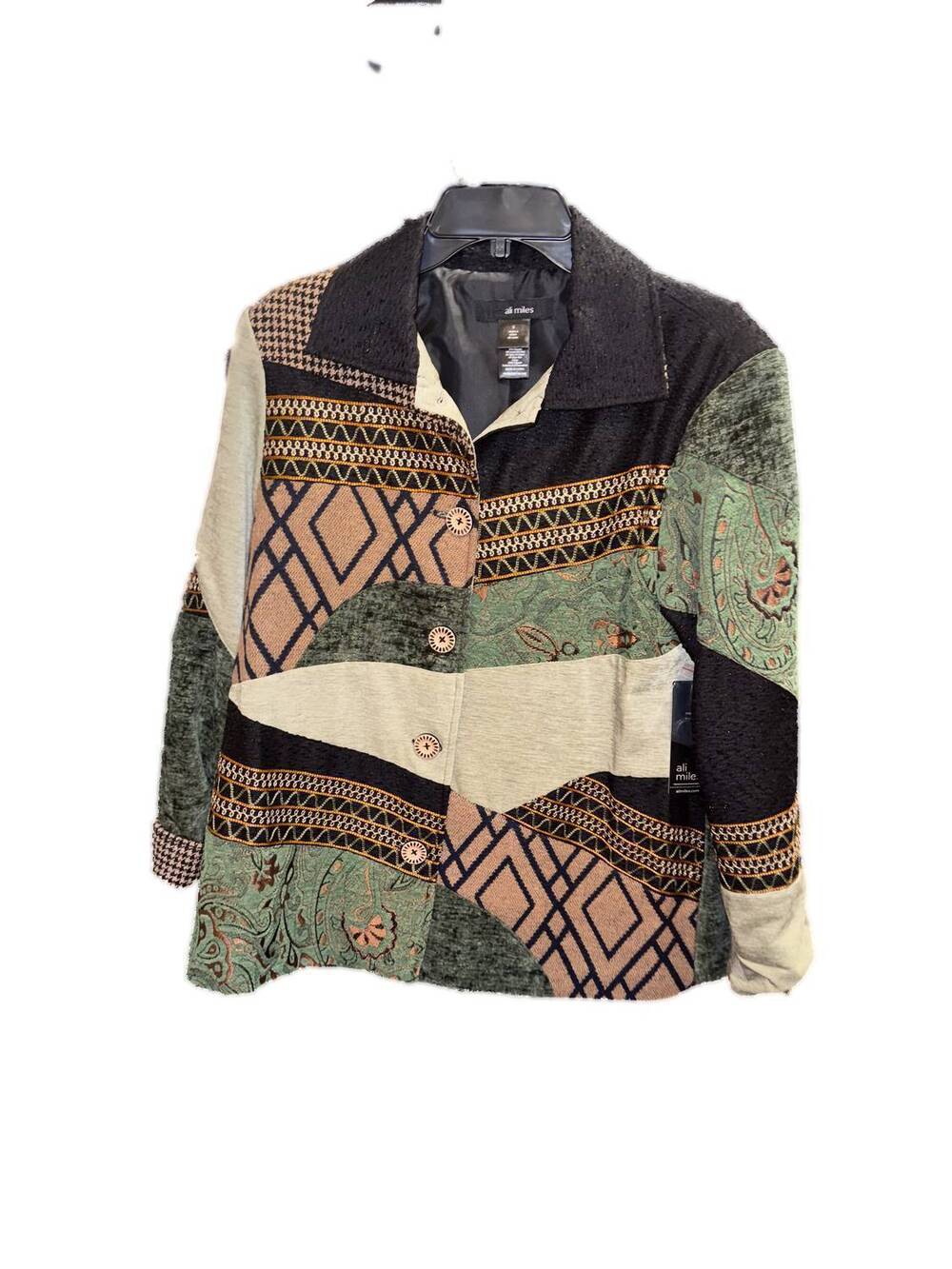 NEW ALI MILES women's woven button front patched tunic jacket in black multi